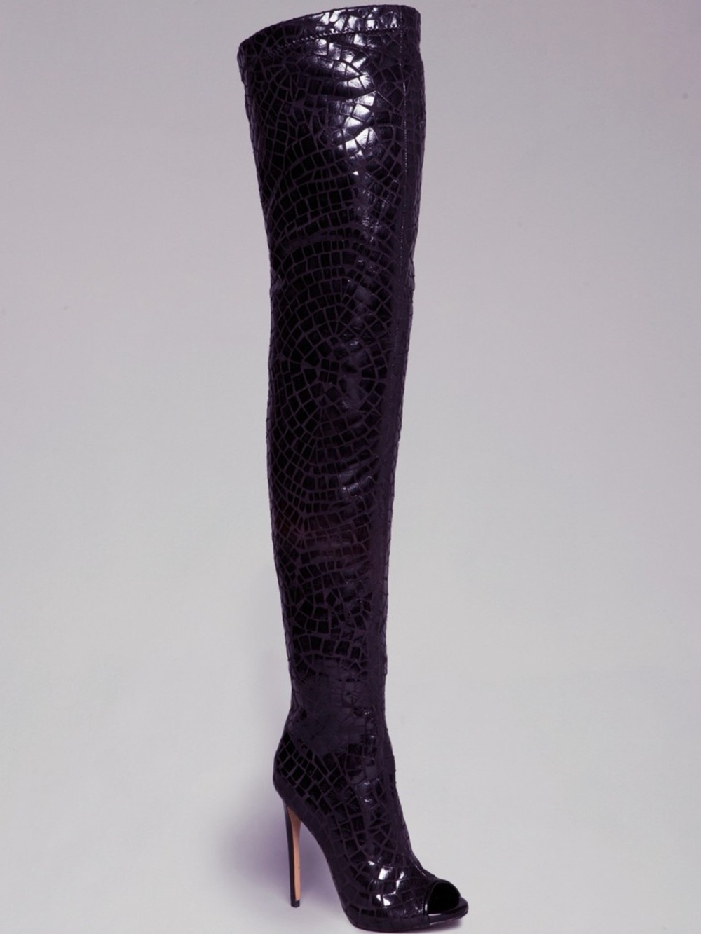 Black Croc-Embossed Thigh-High Boots
